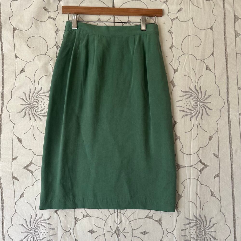August Silk Petites Sage Green 100% Silk Midi Pencil Skirt 8P